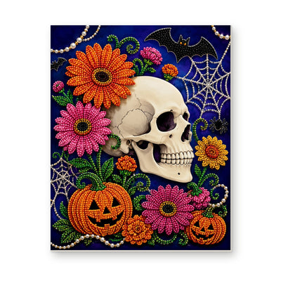 Straight dimensional white-background mockup of the complete artwork — Floral Skull with Pink Blossoms and Pumpkins. Pearl diamond painting DIY kit by Isuvio.