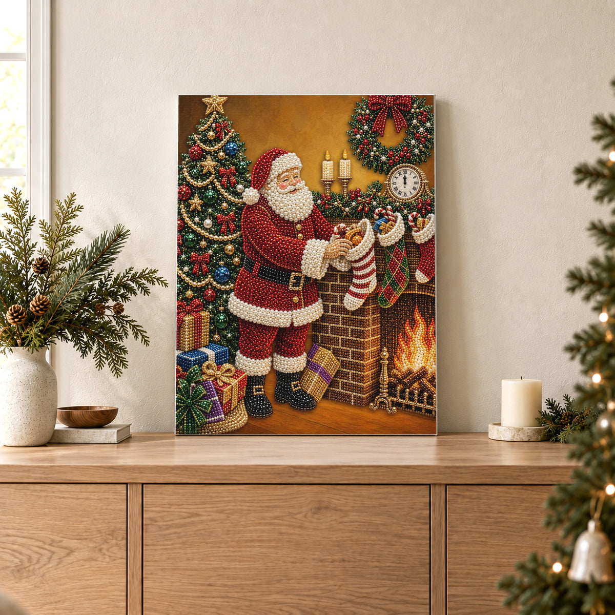 Père Noël remplit les bas près de la cheminée