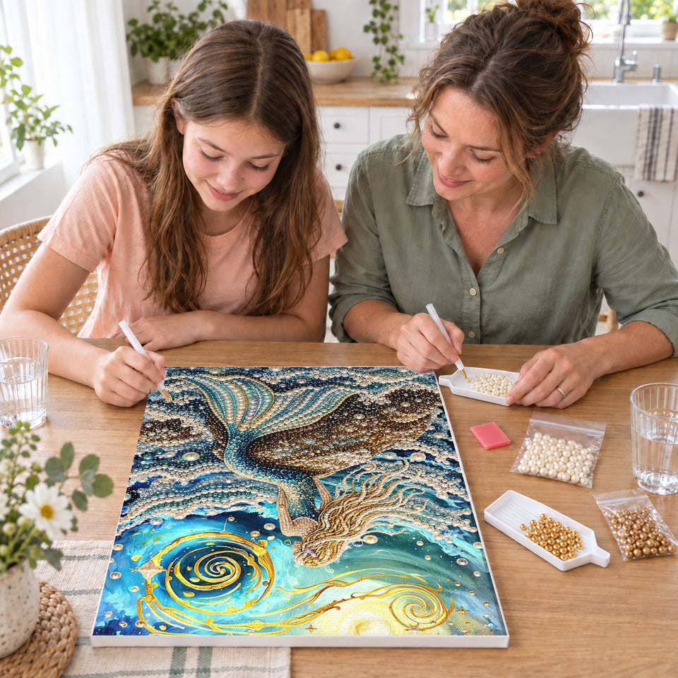 Mother and daughter creating one shared Pearl artwork — Mermaid Under the Golden Moon. Pearl diamond painting DIY kit by Isuvio.