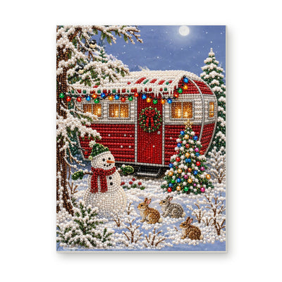 Straight dimensional white-background mockup of the complete artwork — Red Christmas Camper and Snowman. Pearl diamond painting DIY kit by Isuvio.