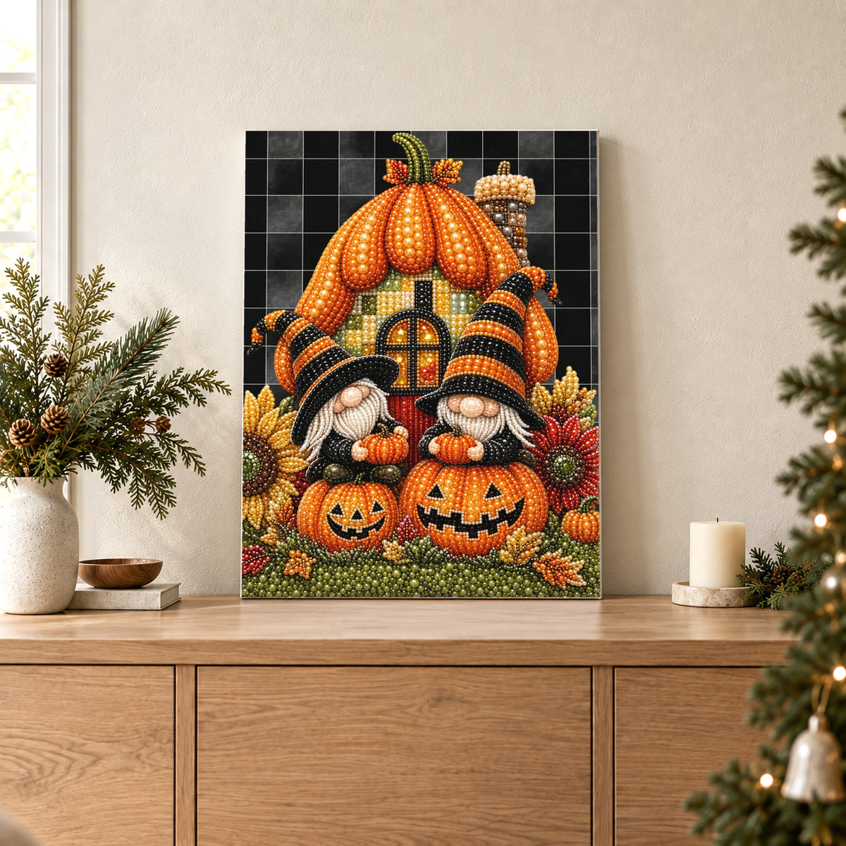Gnomi di Halloween davanti alla casa zucca