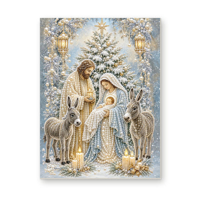 Straight dimensional white-background mockup of the complete artwork — Blue Winter Nativity with Donkeys. Pearl diamond painting DIY kit by Isuvio.