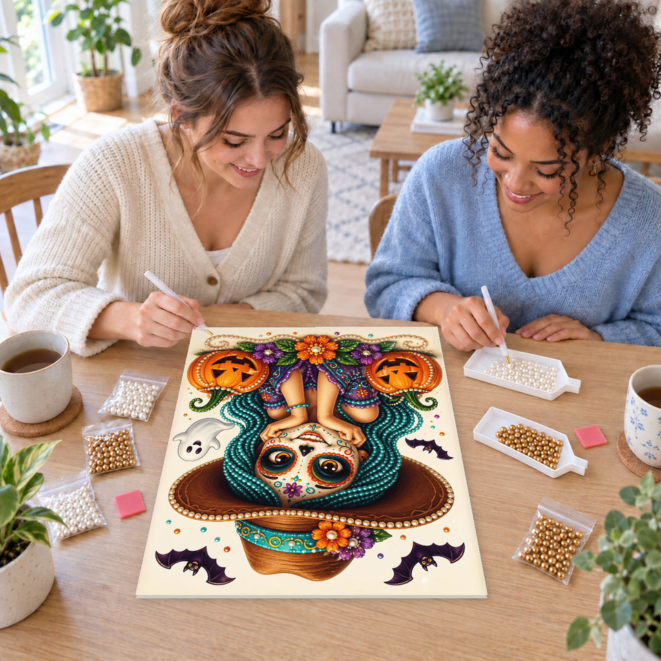 Two friends creating one shared Pearl artwork — Teal-Haired Sugar Skull Girl with Pumpkins. Pearl diamond painting DIY kit by Isuvio.