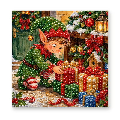 Straight dimensional white-background mockup of the complete artwork — Christmas Elf Wrapping a Red Present. Pearl diamond painting DIY kit by Isuvio.