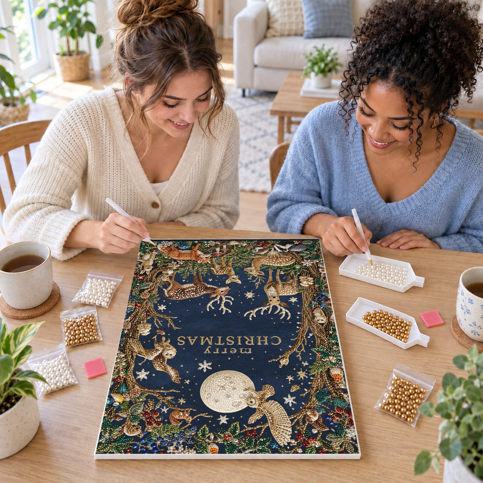 Two friends creating one shared Pearl artwork — Moonlit Woodland Christmas with Deer and Foxes. Pearl diamond painting DIY kit by Isuvio.