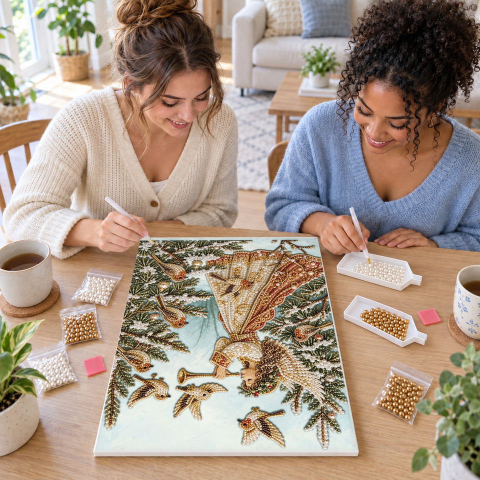 Two friends creating one shared Pearl artwork — Christmas Angel Playing a Trumpet. Pearl diamond painting DIY kit by Isuvio.