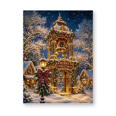 Straight dimensional white-background mockup of the complete artwork — Golden Christmas Bell Tower in the Snow. Pearl diamond painting DIY kit by Isuvio.
