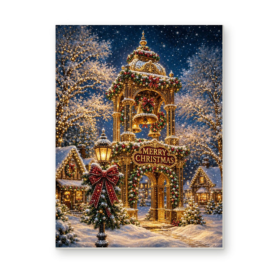 Straight dimensional white-background mockup of the complete artwork — Golden Christmas Bell Tower in the Snow. Pearl diamond painting DIY kit by Isuvio.