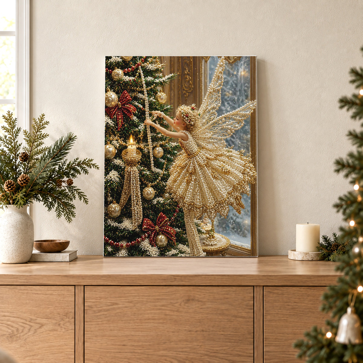 Hada dorada decorando un árbol de Navidad