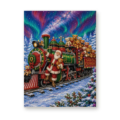 Straight dimensional white-background mockup of the complete artwork — Santa Express Beneath the Northern Lights. Pearl diamond painting DIY kit by Isuvio.