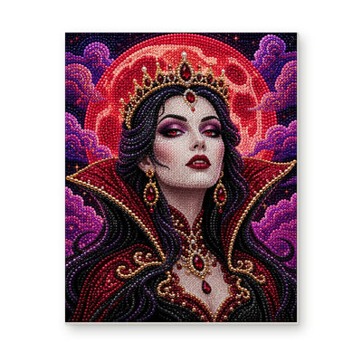 Straight dimensional white-background mockup of the complete artwork — Gothic Queen Beneath a Crimson Moon. Pearl diamond painting DIY kit by Isuvio.
