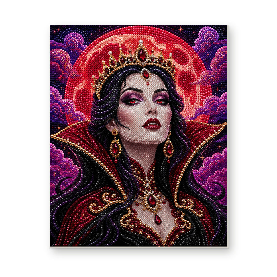 Straight dimensional white-background mockup of the complete artwork — Gothic Queen Beneath a Crimson Moon. Pearl diamond painting DIY kit by Isuvio.