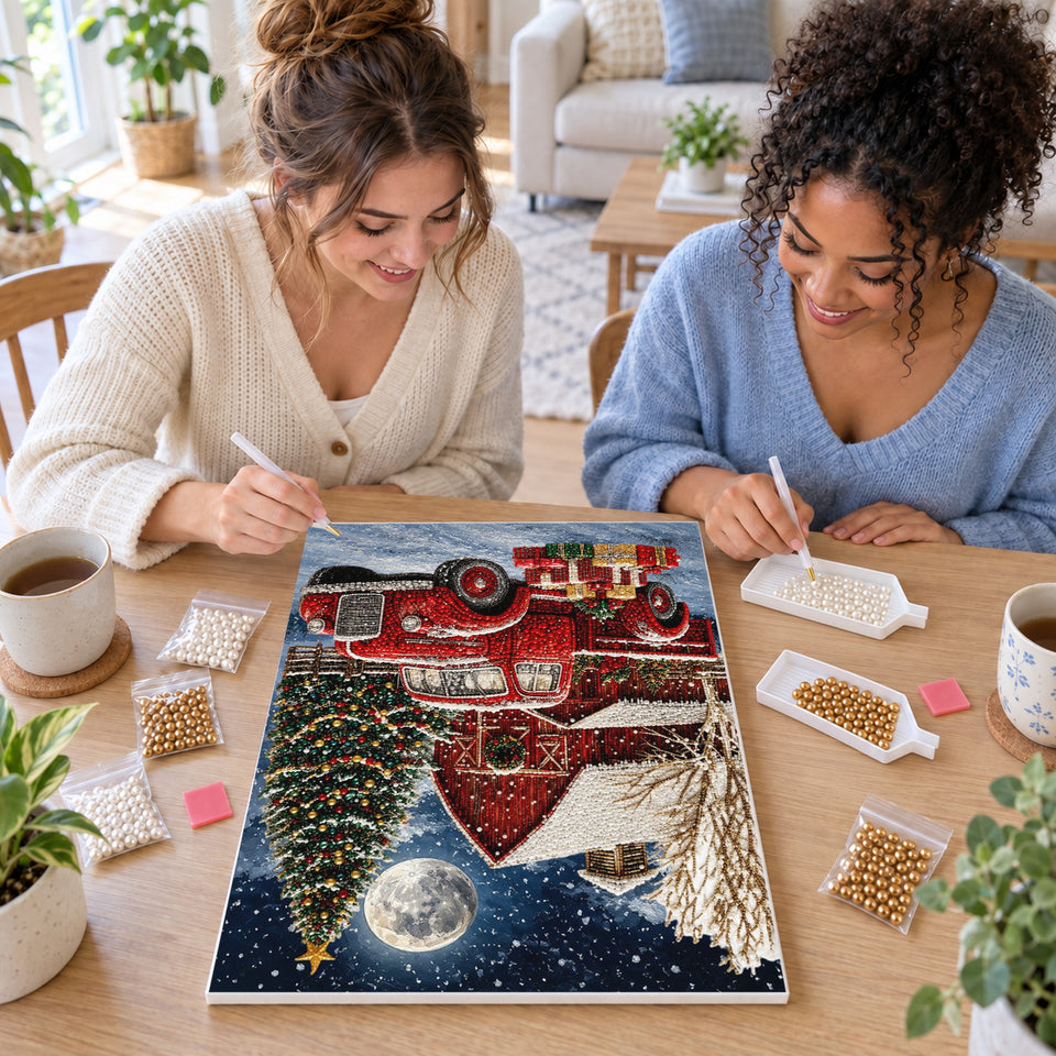 Two friends creating one shared Pearl artwork — Red Pickup and Barn Beneath a Christmas Moon. Pearl diamond painting DIY kit by Isuvio.