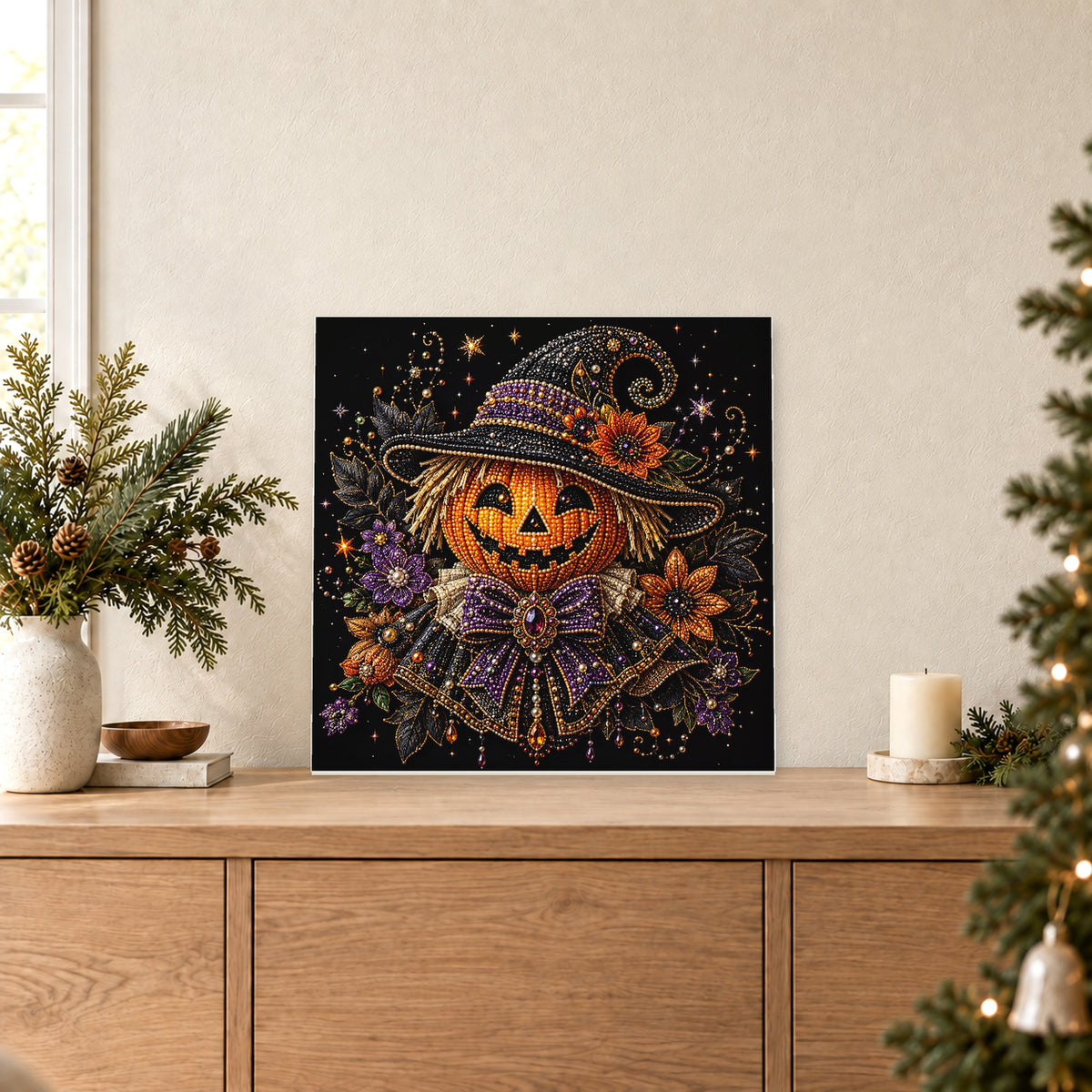 Bruja calabaza con sombrero ornamentado y cuello floral