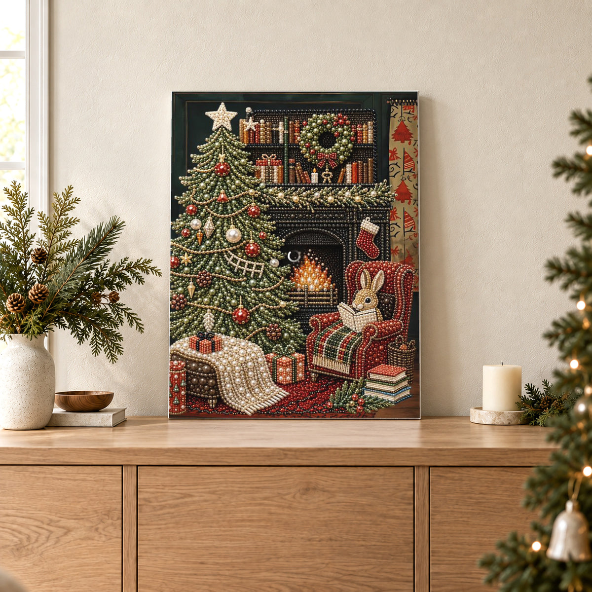 Weihnachtsbaum am Kamin der Bibliothek