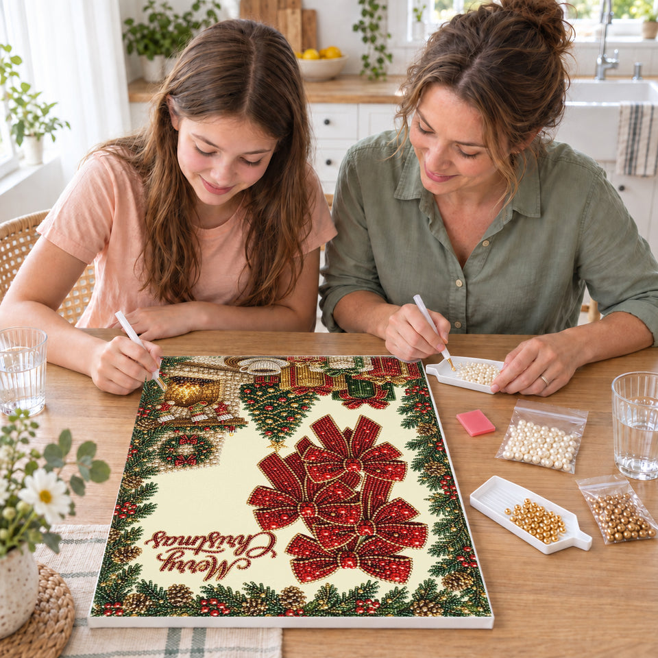 Mother and daughter creating one shared Pearl artwork — Christmas Bows and Cozy Fireplace. Pearl diamond painting DIY kit by Isuvio.