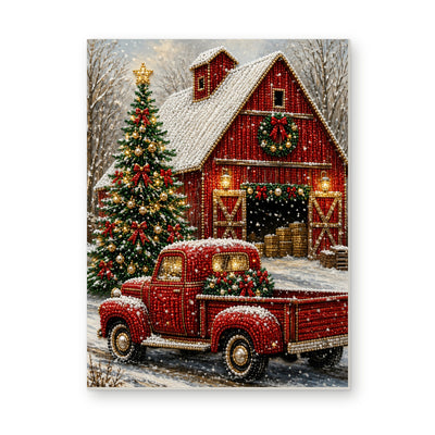 Straight dimensional white-background mockup of the complete artwork — Red Barn and Vintage Christmas Truck. Pearl diamond painting DIY kit by Isuvio.