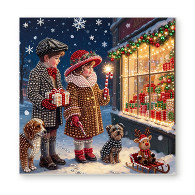 Straight dimensional white-background mockup of the complete artwork — Children at a Victorian Christmas Shop. Pearl diamond painting DIY kit by Isuvio.