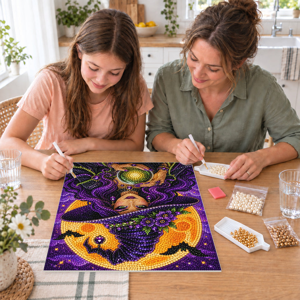Mother and daughter creating one shared Pearl artwork — Purple-Haired Witch Holding a Glowing Green Orb. Pearl diamond painting DIY kit by Isuvio.