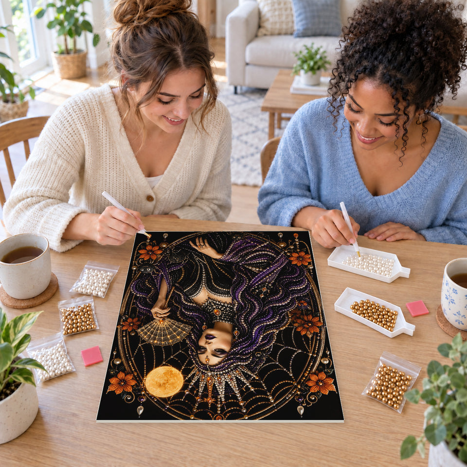 Two friends creating one shared Pearl artwork — Purple-Haired Spiderweb Queen. Pearl diamond painting DIY kit by Isuvio.