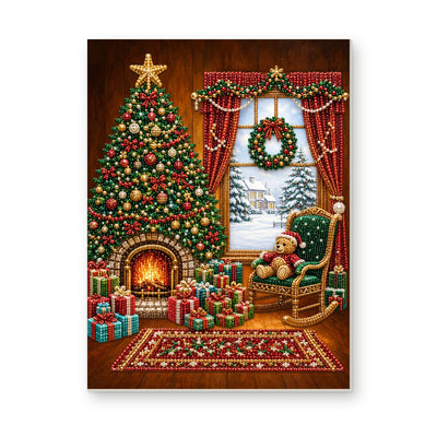 Straight dimensional white-background mockup of the complete artwork — Cozy Christmas Tree Living Room. Pearl diamond painting DIY kit by Isuvio.