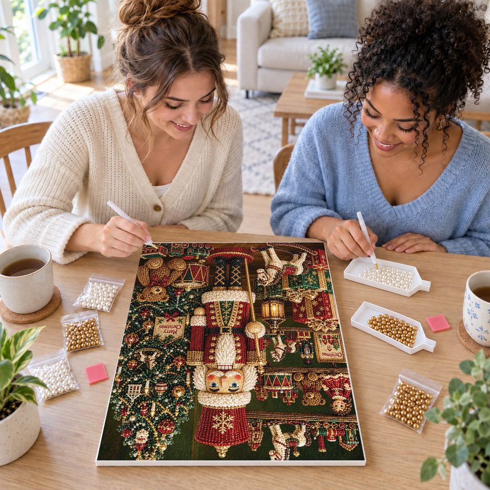 Two friends creating one shared Pearl artwork — Red Nutcracker in a Christmas Toy Room. Pearl diamond painting DIY kit by Isuvio.