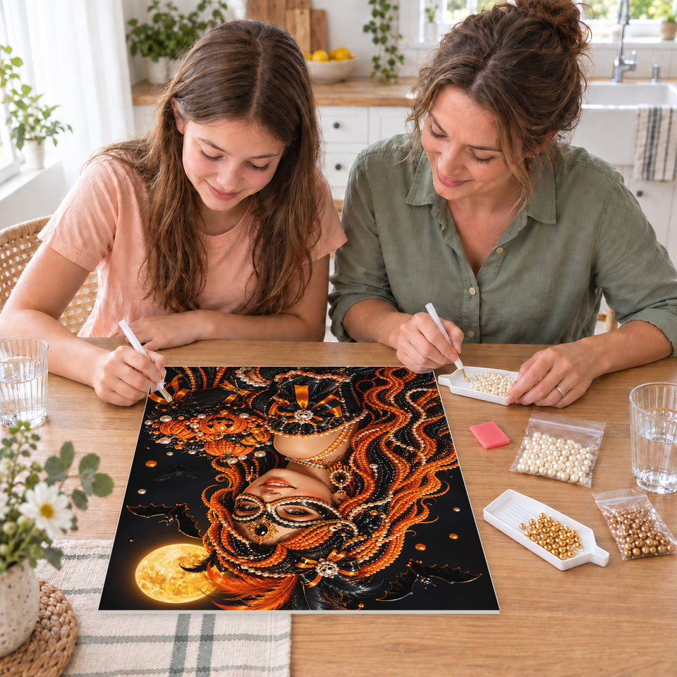Mother and daughter creating one shared Pearl artwork — Autumn Masquerade with a Pumpkin Bouquet. Pearl diamond painting DIY kit by Isuvio.