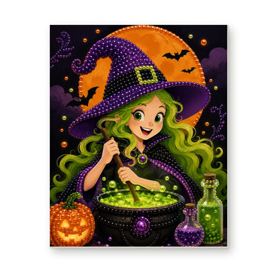 Straight dimensional white-background mockup of the complete artwork — Green-Haired Witch Stirring a Cauldron. Pearl diamond painting DIY kit by Isuvio.
