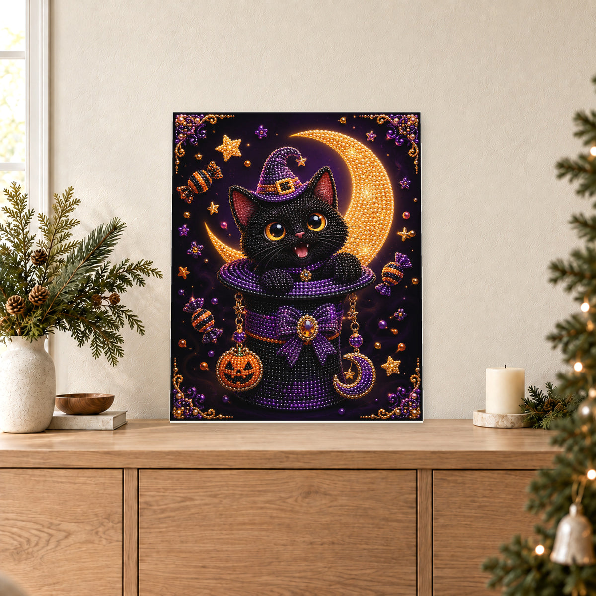 Chat noir au chapeau de sorcière violet et breloques citrouilles
