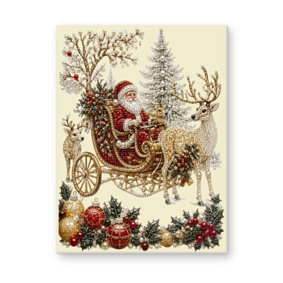 Straight dimensional white-background mockup of the complete artwork — Pearl Santa Sleigh with Reindeer. Pearl diamond painting DIY kit by Isuvio.