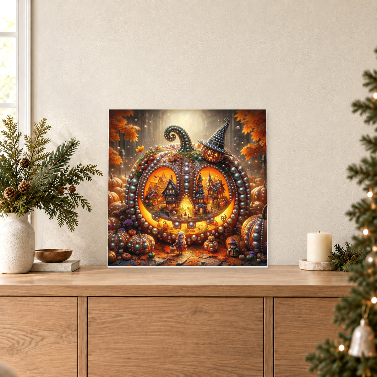 Pequeña aldea encantada dentro de una calabaza