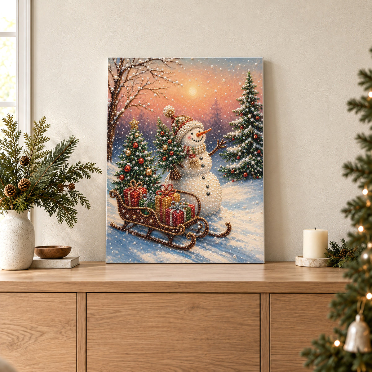 Bonhomme de neige et traîneau de cadeaux au couchant d’hiver