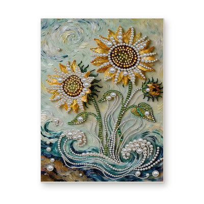 Straight dimensional white-background mockup of the complete artwork — Sunflowers Above Pearl Ocean Waves. Pearl diamond painting DIY kit by Isuvio.