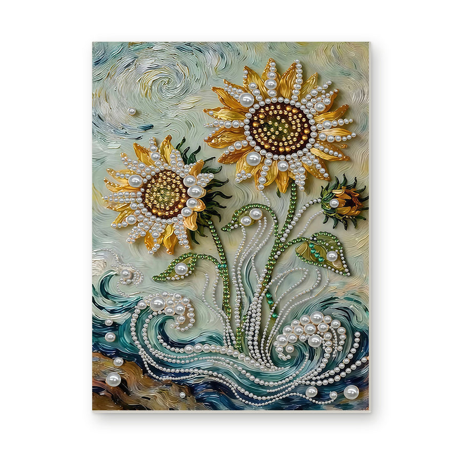 Straight dimensional white-background mockup of the complete artwork — Sunflowers Above Pearl Ocean Waves. Pearl diamond painting DIY kit by Isuvio.