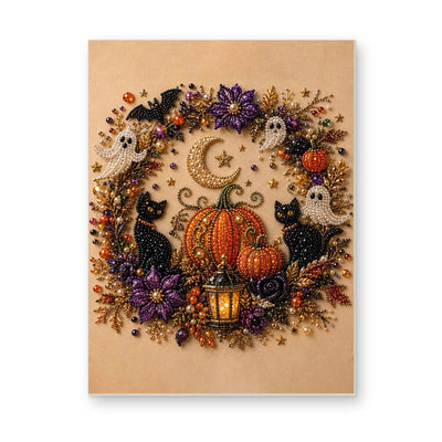 Straight dimensional white-background mockup of the complete artwork — Pumpkin Moon Halloween Wreath. Pearl diamond painting DIY kit by Isuvio.