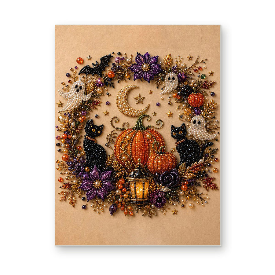 Straight dimensional white-background mockup of the complete artwork — Pumpkin Moon Halloween Wreath. Pearl diamond painting DIY kit by Isuvio.