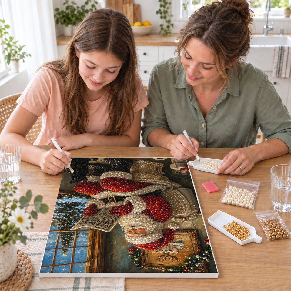 Mother and daughter creating one shared Pearl artwork — Santa Reading the Christmas News in the Bathroom. Pearl diamond painting DIY kit by Isuvio.