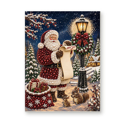 Straight dimensional white-background mockup of the complete artwork — Santa and Nice List in Winter Village. Pearl diamond painting DIY kit by Isuvio.