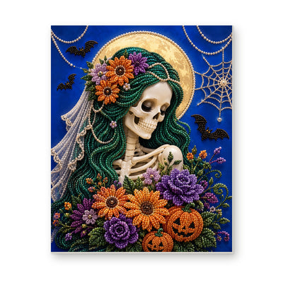 Straight dimensional white-background mockup of the complete artwork — Skeleton Bride with a Purple and Orange Bouquet. Pearl diamond painting DIY kit by Isuvio.