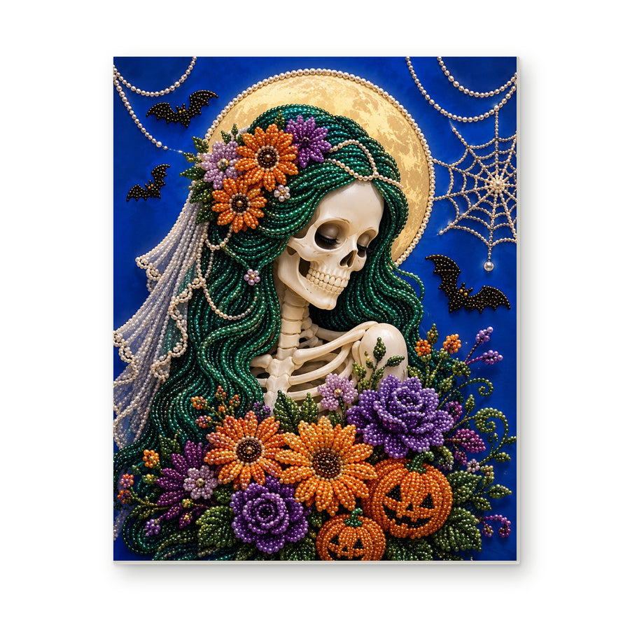Straight dimensional white-background mockup of the complete artwork — Skeleton Bride with a Purple and Orange Bouquet. Pearl diamond painting DIY kit by Isuvio.