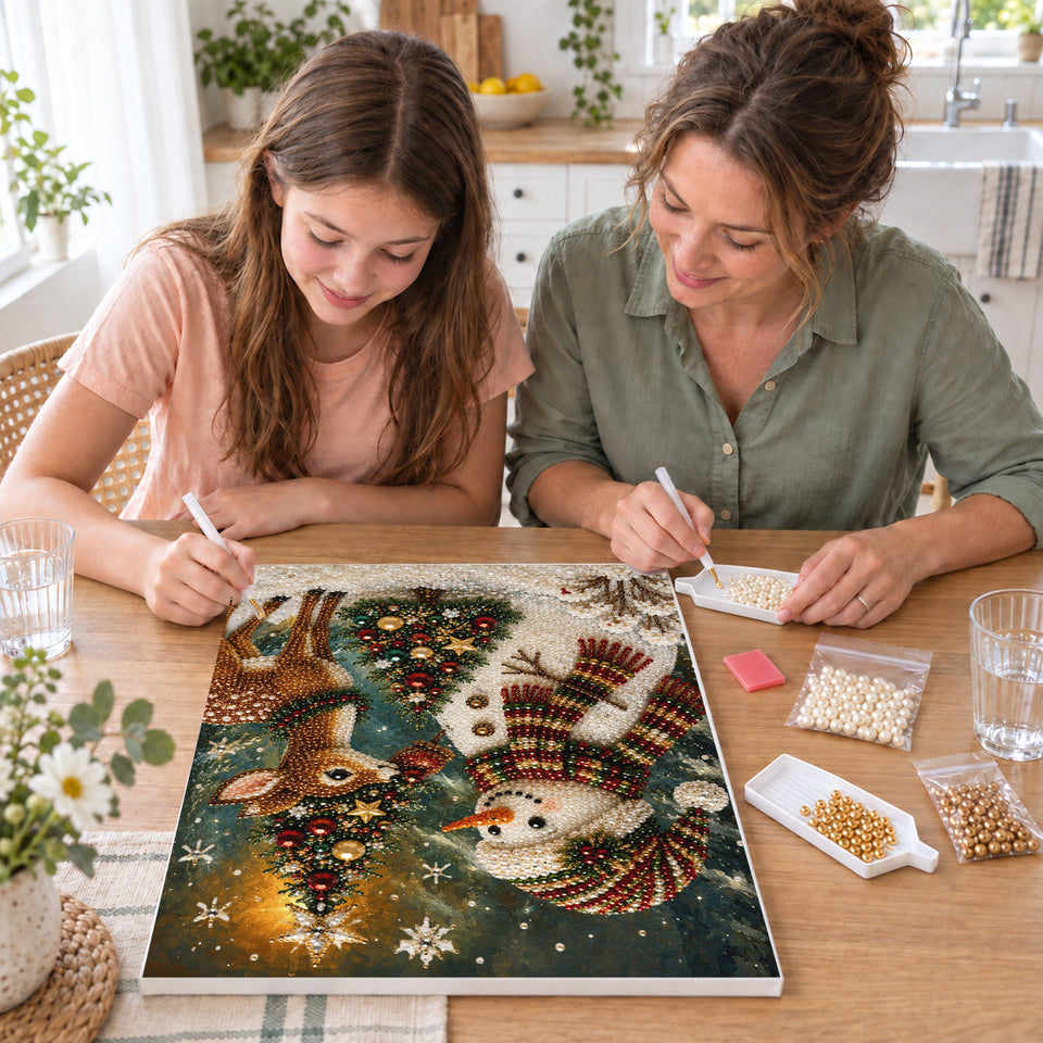 Mother and daughter creating one shared Pearl artwork — Snowman and Reindeer Christmas Friends. Pearl diamond painting DIY kit by Isuvio.