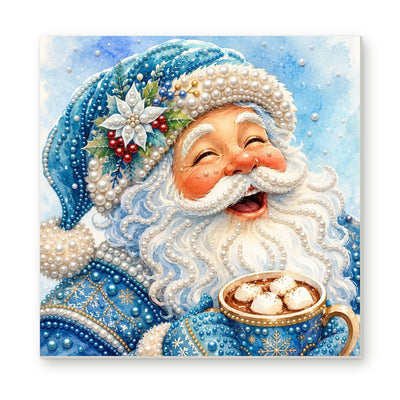 Straight dimensional white-background mockup of the complete artwork — Laughing Santa with a Blue Cocoa Mug. Pearl diamond painting DIY kit by Isuvio.