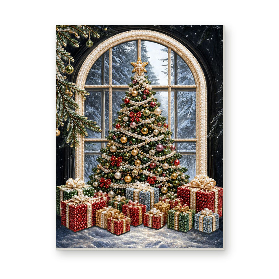 Straight dimensional white-background mockup of the complete artwork — Gifts Beneath the Arched Window Tree. Pearl diamond painting DIY kit by Isuvio.