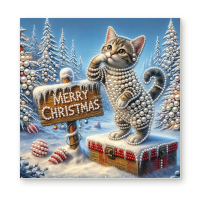 Straight dimensional white-background mockup of the complete artwork — Merry Christmas Kitten on a Gift Box. Pearl diamond painting DIY kit by Isuvio.