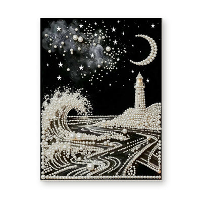 Straight dimensional white-background mockup of the complete artwork — Pearl Lighthouse Beneath a Crescent Moon. Pearl diamond painting DIY kit by Isuvio.
