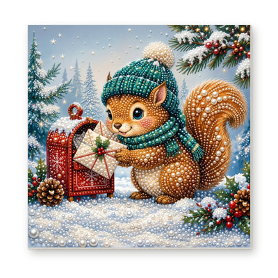 Straight dimensional white-background mockup of the complete artwork — Winter Squirrel Posting a Christmas Letter. Pearl diamond painting DIY kit by Isuvio.
