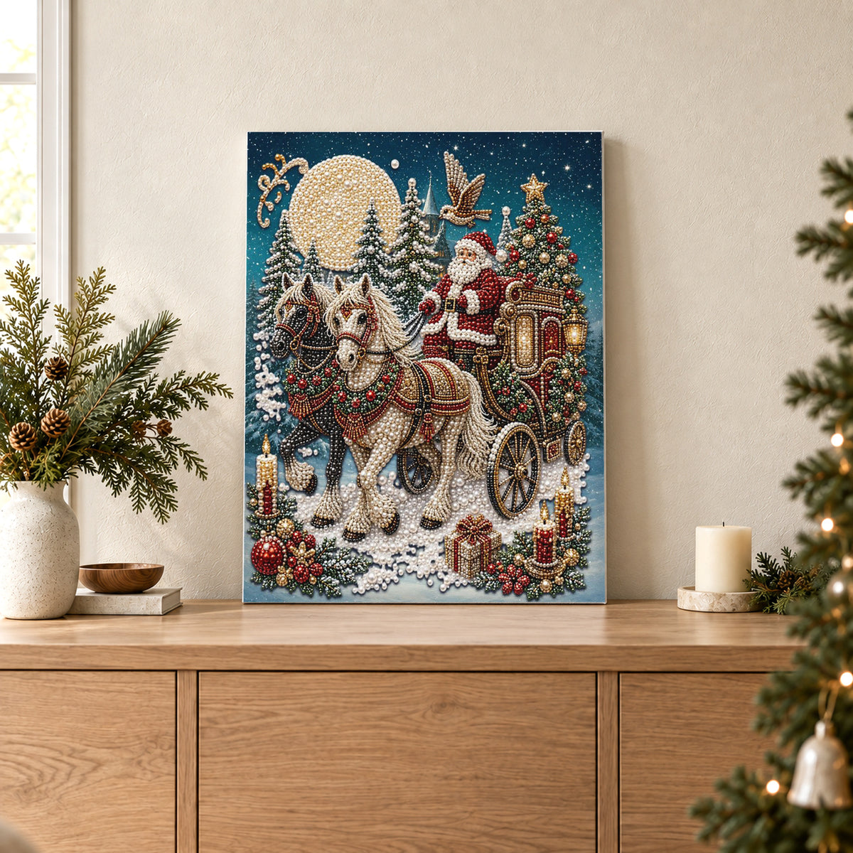Papá Noel en un carruaje navideño tirado por caballos