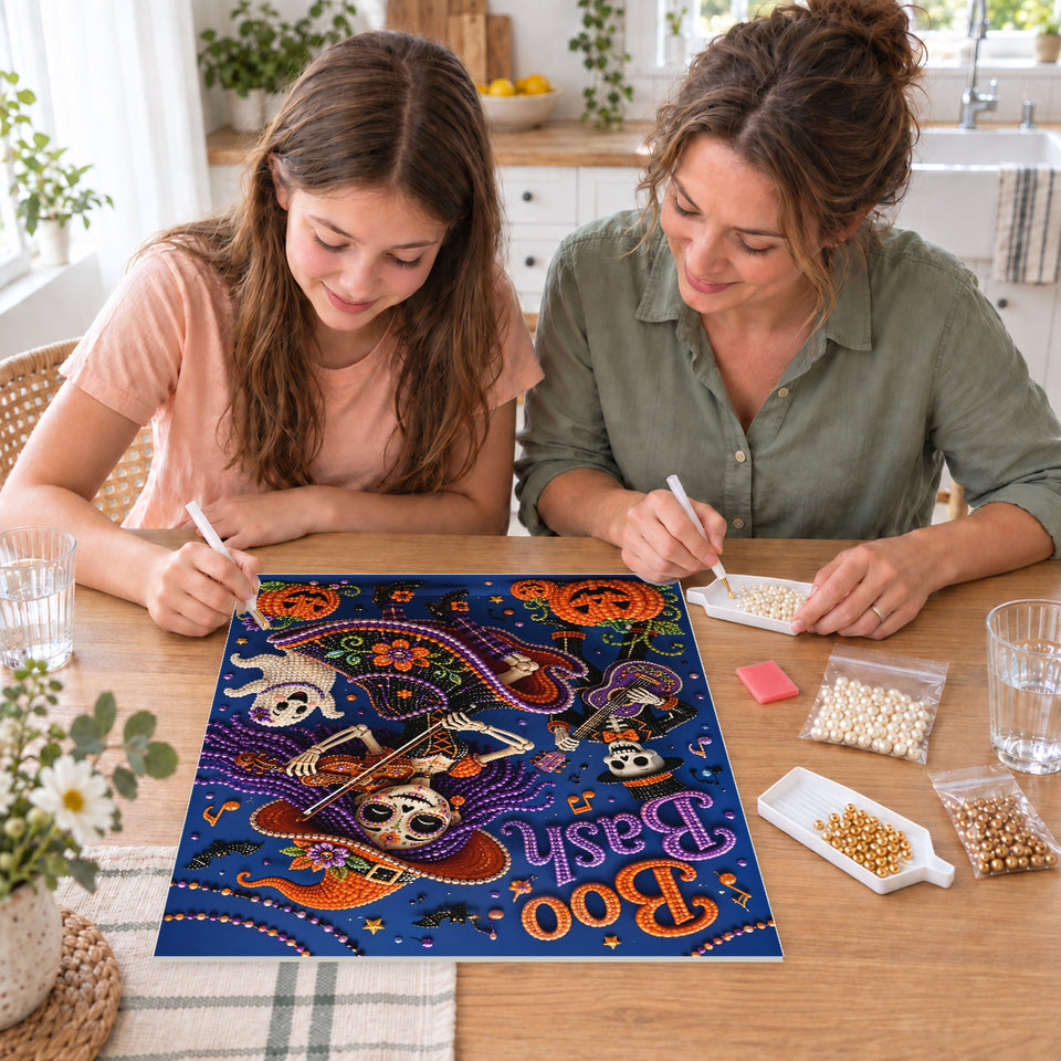 Mother and daughter creating one shared Pearl artwork — Boo Bash Skeleton Violinist. Pearl diamond painting DIY kit by Isuvio.