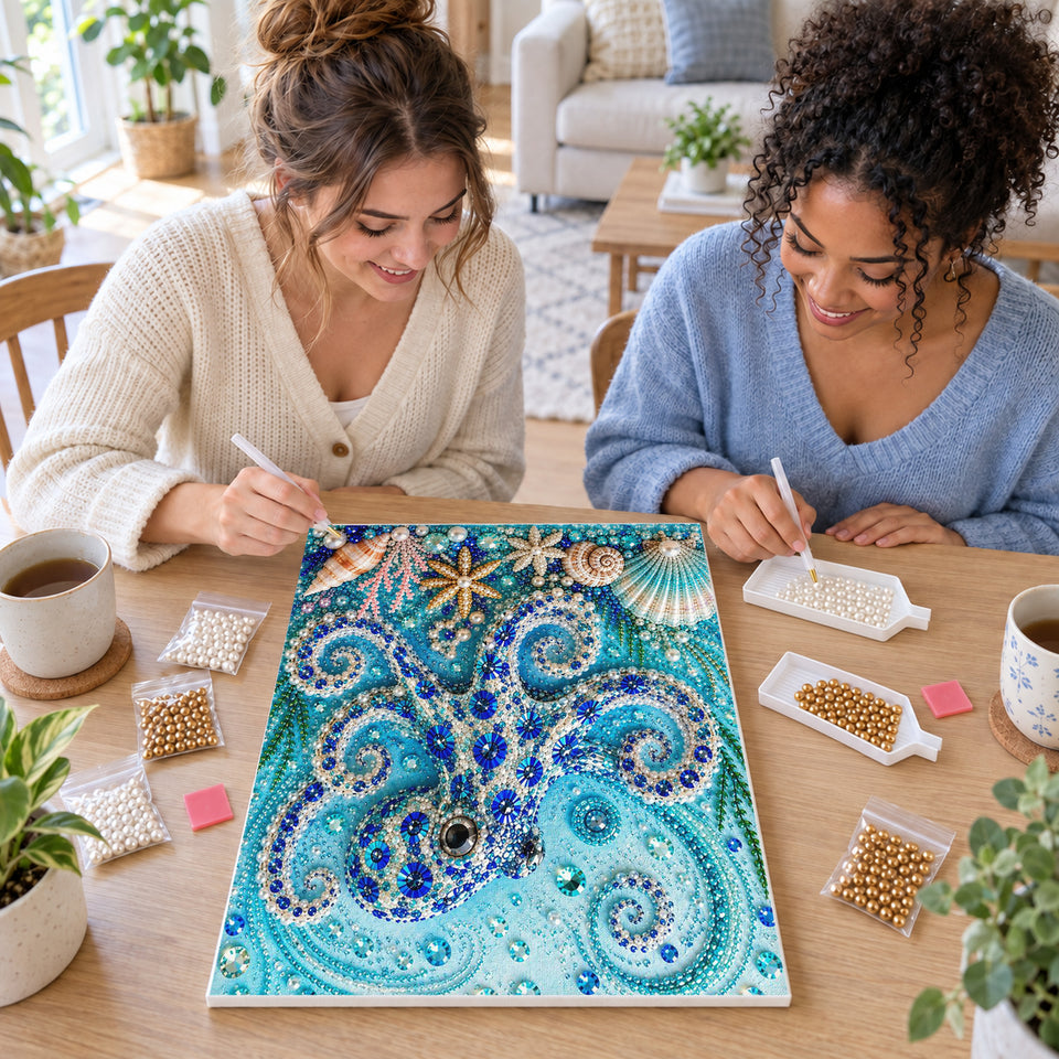 Two friends creating one shared Pearl artwork — Blue Octopus with Seashells and Starfish. Pearl diamond painting DIY kit by Isuvio.