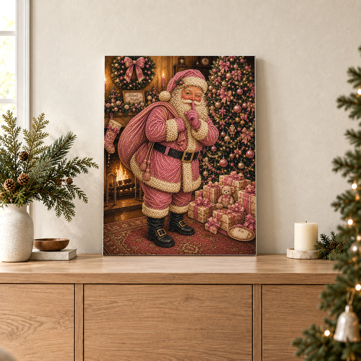 Weihnachtsmann in Rosa neben einem rosafarbenen Weihnachtsbaum